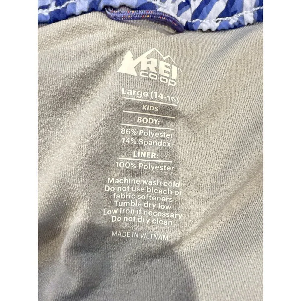REI Co-Op Kids Blue/White Swim Shorts  (14-16) Poly/Spandex With Drawstring EUC